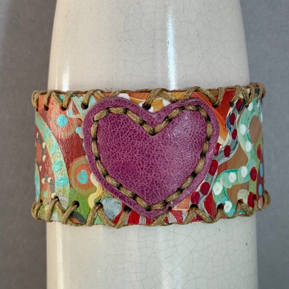 Handmade Jewelry - HANDMADE ARTISAN Bracelet Heart Painted Colorful Leather Adjustable Bohemian